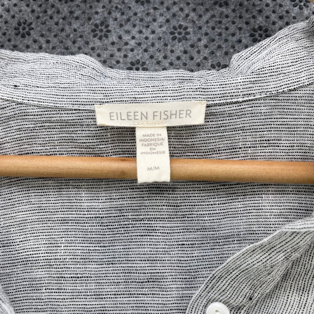 Eileen Fisher 100% Organic Linen Button Down Tunic Shirt Grey White M Oversized - Picture 3 of 9